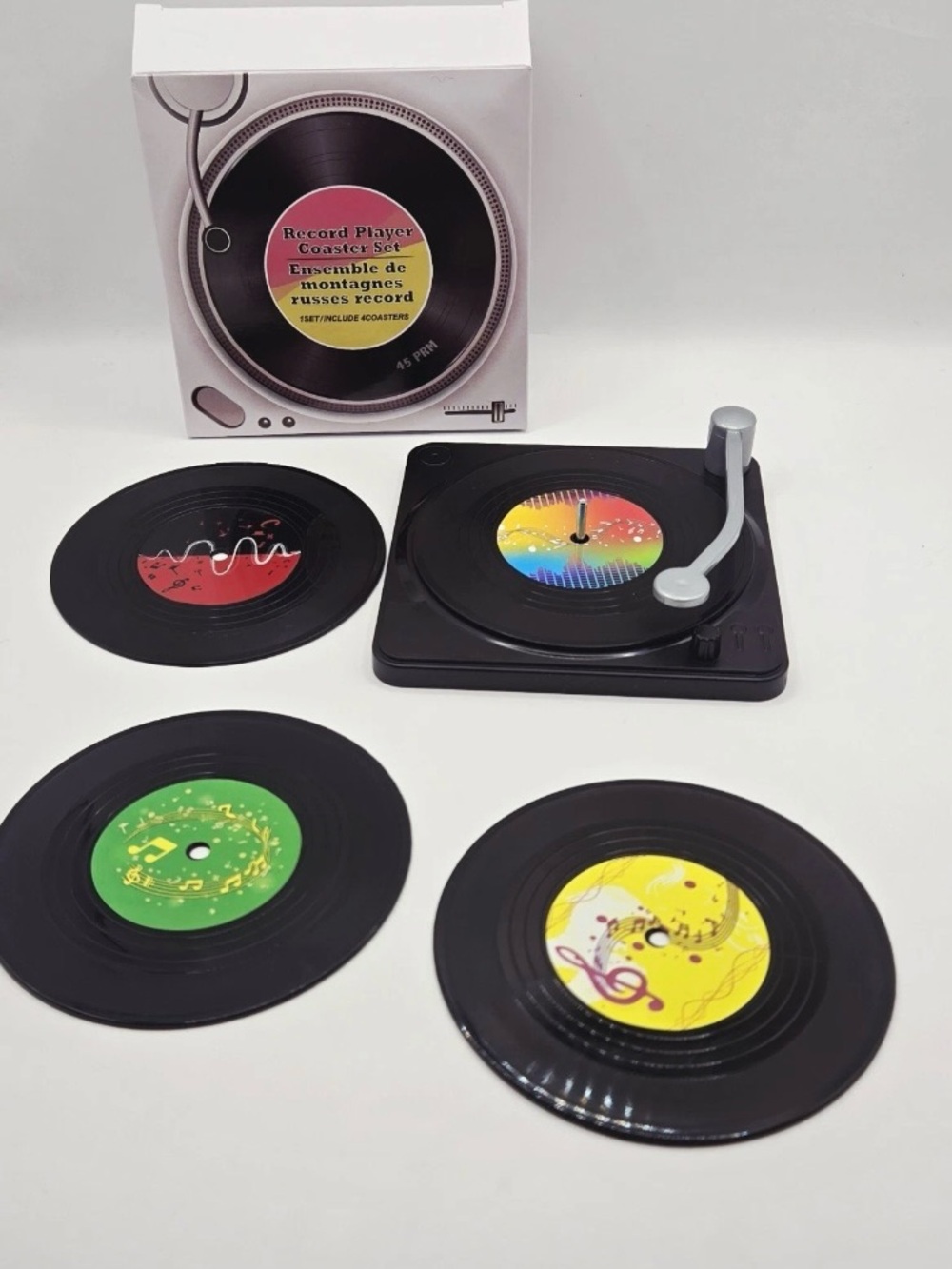 4pc Vinyl Record Drink Coasters Set on Record Player Turn Table Holder Retro